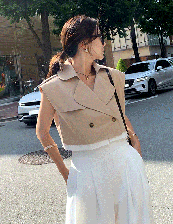 NIBBUNS-[니쁜스단독30%할인][하이퀄리티]배색 오버숄더 슬리브리스 트렌치♡韓國女裝外套
