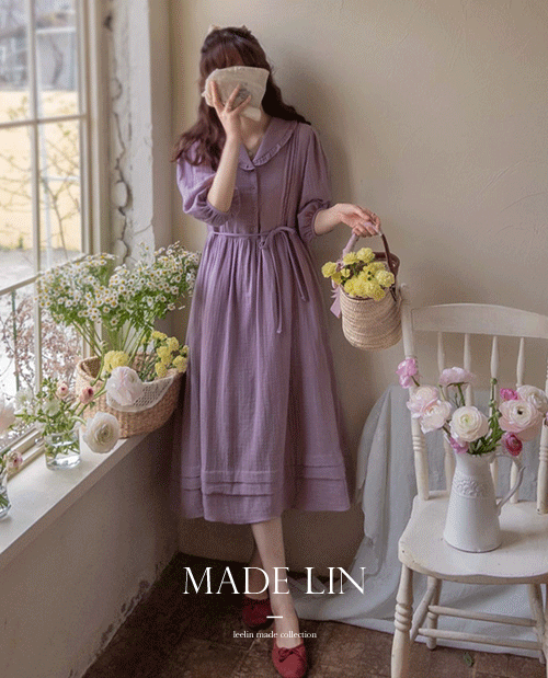 leelin - [[신상 1만원특가 ]MADE LIN[연보라] 멜번 로맨틱무드 프릴카라 핀턱 원피스 [size:F(55~66)]]♡韓國女裝連身裙